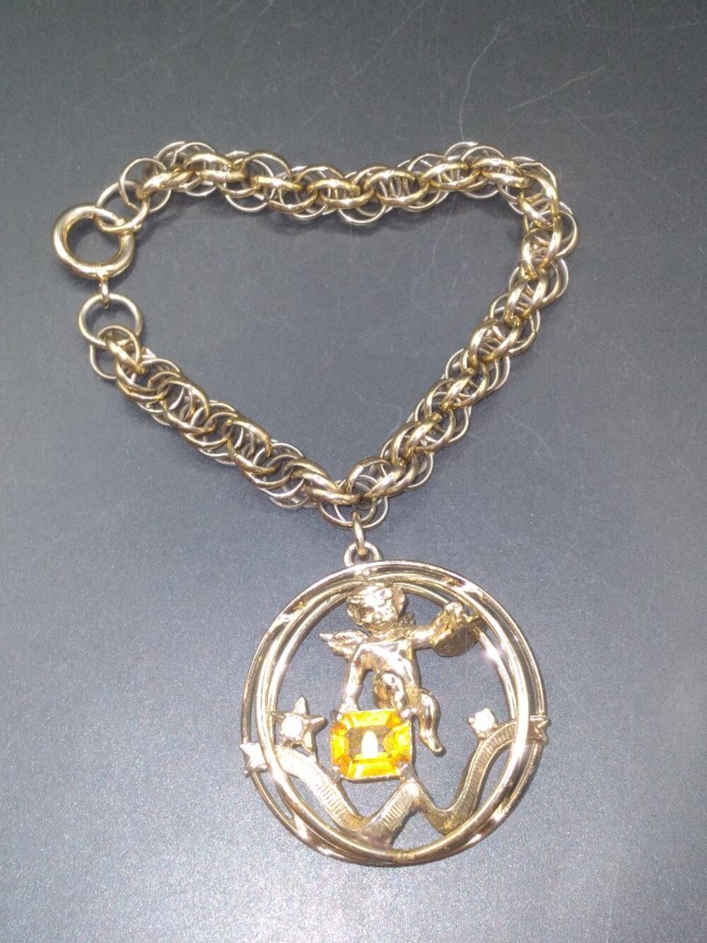 Vintage Gold Tone Bracelet Germany with large Charm Yellow Rhinestone